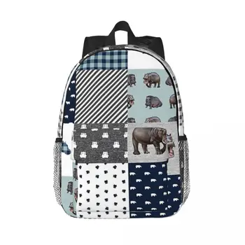Клетчатые рюкзаки с животными-Бегемотами Подростковая сумка для книг Мультяшные Детские Школьные сумки Дорожный рюкзак Сумка через плечо Большой емкости