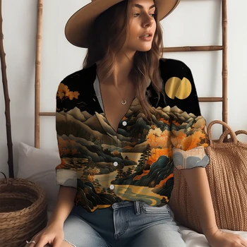 Рубашка с 3D Принтом Пейзажа, Модная Уличная Рубашка С Лацканами, Весенне-Осенняя Женская Свободная Рубашка, Повседневная Рубашка В Китайском Стиле