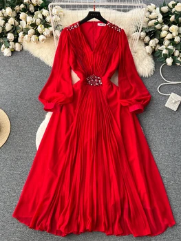 Aibeautyer, новое винтажное весенне-летнее однотонное тонкое женское платье для полных, шифоновый пуловер с V-образным вырезом и высокой талией, женские платья