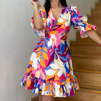 Gotoola 2023 Новое Темпераментное платье для поездок на работу с V-образным вырезом и коротким рукавом с модным принтом и высокой талией, свободное платье в стиле пэчворк с оборками