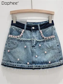 Женские джинсовые шорты Harajuku со стразами и бриллиантами, брюки-кюлоты 2023, Новая летняя женская одежда со средней талией, облегающие поддельные горячие брюки из двух частей