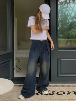 Джинсы Gyaru с низкой посадкой, винтажные облегающие повседневные мешковатые джинсы, брюки с прямыми штанинами, женские джинсы, тренд летних джинсов 2023 года, мода Y2k