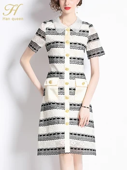 H Han Queen 2023 Новые женские кружевные платья с бисером, элегантное модное шикарное летнее платье, винтажная вышивка, Трапециевидное повседневное праздничное платье