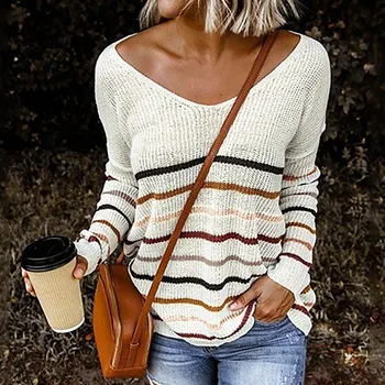 Женский простой модный свободный пуловер в полоску с V-образным вырезом и цветными блоками, осенний тонкий Удобный Универсальный вязаный свитер