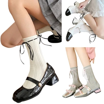 Женские Полые сетчатые носки до щиколотки, носки на шнуровке с милым бантиком, однотонные носки-рулоны, Носки до икр, Носки средней длины в трубочку