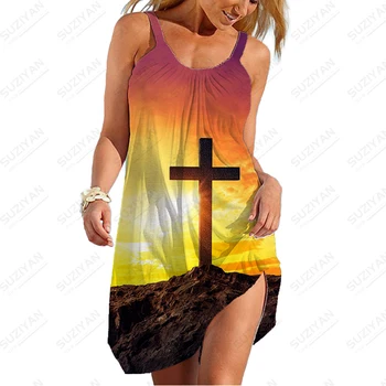 Новое женское летнее платье 2023, винтажное удобное платье больших размеров с принтом в виде христианского креста, свободное повседневное платье