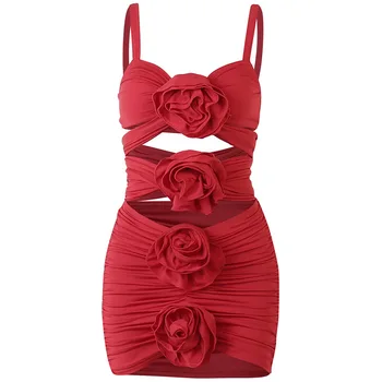CHRLEISURE Сексуальные платья Женские Однотонные облегающие платья с 3D цветочным вырезом на ремешке Модные платья для женщин 2023 г.