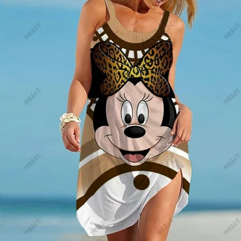 Платье на бретельках Женское платье с 3D принтом Disney Mickey Mouse, сексуальное платье-солнце, Элегантная короткая юбка без рукавов длиной до колен с круглым вырезом