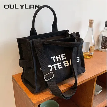 Oulylan Новая холщовая квадратная сумочка с буквенным принтом, большая вместительность, украшение в полоску, женская сумка через плечо, сумка-тоут