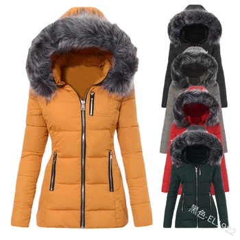 Женское пальто Зимнее шерстяное длинное пуховое пальто с капюшоном 2023 года, меховой воротник, молния, облегающее хлопковое пальто для женщин, толстое пальто для женщин