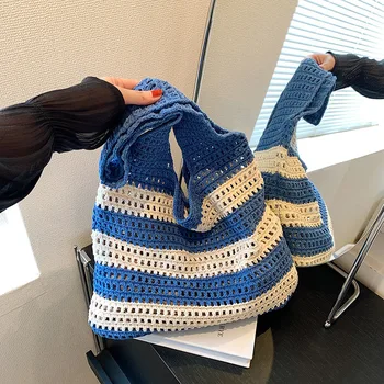 Шерстяные вязаные сумки-ведра, цветные сумки для покупок в стиле пэчворк, женская повседневная открытая сумка через плечо, Корейская Японская шикарная сумка-тоут