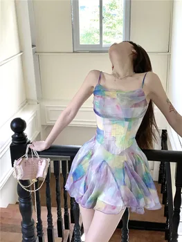 Женское разноцветное платье на бретельках Halo Dye, летнее Новое шикарное платье для молодой девушки, сексуальное женское платье трапециевидной формы без рукавов, плиссированное короткое платье