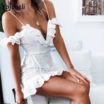 Yojoceli Белое сексуальное кружевное платье крючком 2023 летнее сексуальное кружевное платье с запахом в стиле бохо для пляжной вечеринки с оборками на ремешке сарафан