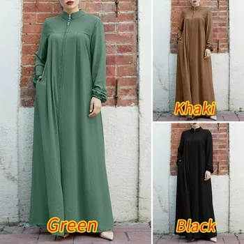 Новая Абая для арабских мусульманок, однотонное хлопковое льняное платье с длинными рукавами и стоячим вырезом, модное свободное повседневное длинное платье