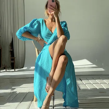 Элегантное платье Миди с пышными рукавами, женское модное облегающее платье с завязками, Летнее сексуальное платье для клубной вечеринки с разрезом 2023, наряд для пляжного отдыха