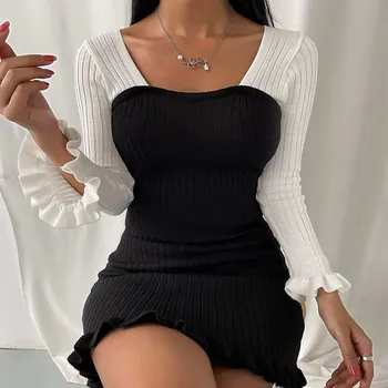 Винтажный гофрированный подол со шнуровкой сзади, сексуальное платье в рубчик с U-образным вырезом и длинными рукавами, облегающее вечернее клубное уличное платье