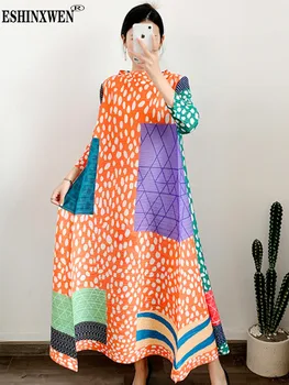 Eshin 2023 Плиссированное платье с леопардовым принтом, воротник-стойка, отстрочка цветными блоками, макси-платья, женская модная одежда высокого класса TH1974