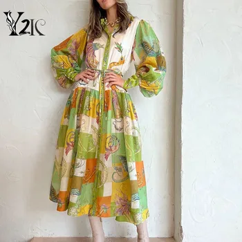 Y2K одежда платья для женщин zevity vacation винтажный принт фонарь с длинным рукавом макси платье женское праздничное пляжное дизайнерское платье femme