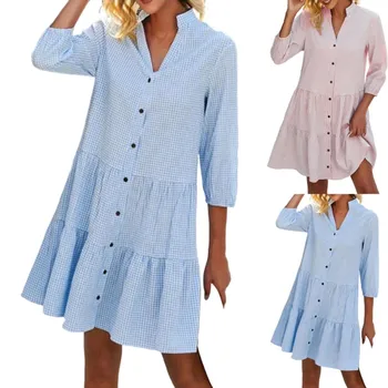 Женское весеннее платье-рубашка с коротким рукавом в клетку и воротником-стойкой, ретро-платья для женщин