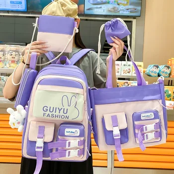 Новый рюкзак для девочек в корейском стиле с милым мультяшным рисунком, легкий школьный ранец для начальной школы, набор из пяти предметов, рюкзак для младшей средней школы