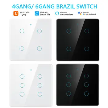 Умный переключатель Tuya WiFi Стандарт Бразилии 4x4, Роскошная стеклянная панель, сенсорный настенный выключатель на 4 / 6 групп, Работа с Alexa Google Home