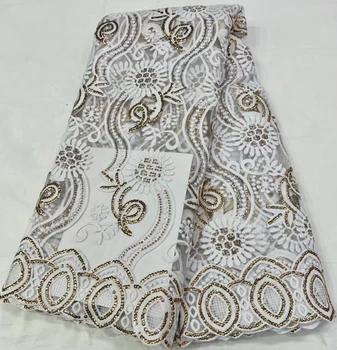 Белая африканская кружевная ткань 5 ярдов с пайетками Высококачественный Французский тюль с вышивкой 2023 г. Сетчатый материал для нигерийского халата