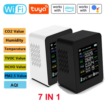 Tuya 3/5/6/7 в 1 Wi-Fi/Без Wi-Fi Измеритель качества воздуха PM2.5 CO2 TVOC HCHO AQI Тестер температуры и влажности TFT Детектор углекислого газа