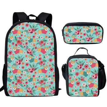 Рюкзак с мультяшной собакой и цветочным узором, 3 шт./компл., школьная сумка для студентов с пакетом для ланча, сумка для карандашей, повседневный рюкзак для девочек-подростков и мальчиков