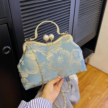 Вышитая цветочная сумочка для женщин, модная сумка на ремне с жемчужным зажимом, элегантные высококачественные сумки через плечо для девочек 2023, сумка-кошелек