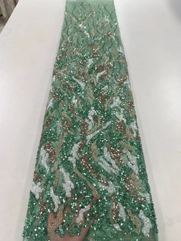 Свадебное платье из кружевной ткани с бисером 2023, Высококачественная Сетчатая тюлевая ткань с блестками в нигерийском стиле, Роскошные Хрустальные бусины ручной работы, 5 ярдов