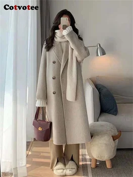 Шерстяные пальто Cotvotee для женщин 2023 Осень Зима Корейская мода Винтажные шикарные пальто с длинным рукавом Свободные куртки с отложным воротником