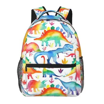 Рюкзак Rainbow с акварельными динозаврами, классический базовый водостойкий повседневный рюкзак для путешествий с боковыми карманами для бутылок