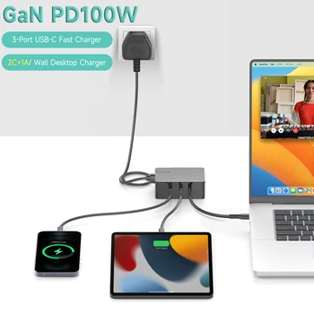 100 Вт GaN 3-Портовое Настенное Настольное Зарядное Устройство UK Plug PD3.0 65 Вт 45 Вт USB-C TYPEC Быстрая Зарядка для MacBook iPad iPhone14 Pro Galaxy S22