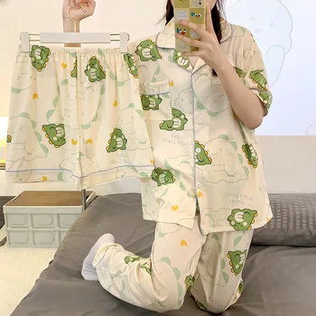 Уютный комплект пижам из 3шт для женщин Летняя пижама Kawaii Пижама с динозавровым принтом Harajuku Пижама повседневная домашняя одежда школьная одежда для комнаты