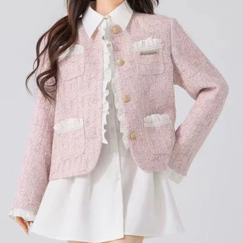 Высококачественная Корейская куртка, осенне-зимняя модная повседневная однобортная твидовая куртка для женщин, Женская Свободная верхняя одежда