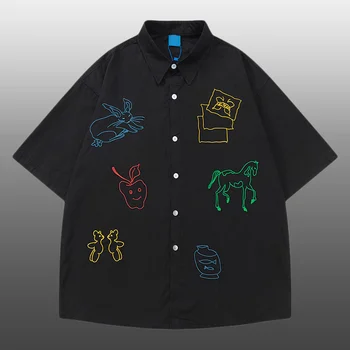 Высококачественные Повседневные рубашки с красочным рисунком и вышивкой, модные мужские летние рубашки в стиле американского хип-хопа с коротким рукавом