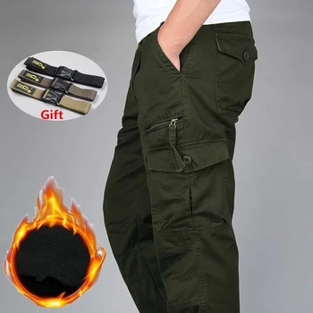 Мужские зимние Теплые толстые брюки из двухслойного флиса в стиле милитари, армейский камуфляж, Тактические хлопчатобумажные Длинные брюки, мужские мешковатые брюки-карго