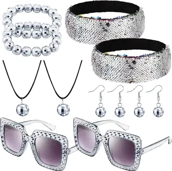 PESENAR аксессуары для дискотеки 70-х годов дискотечный набор серьги с диско-шарами ожерелье браслет блестящая повязка на голову и солнцезащитные очки для 70-х 80-х 90-х годов