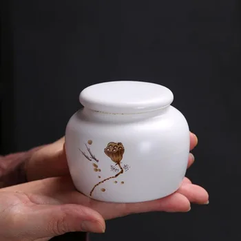 Фарфоровый белый цвет С рисунком лотоса В китайском стиле, герметичная банка для чая, удобная в переноске, коробка для чая со специями, чайная посуда