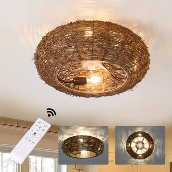 Потолочный светильник с вентилятором Cago в стиле ретро для спальни на ферме Винтажный потолочный вентилятор из ротанга для столовой / кухни