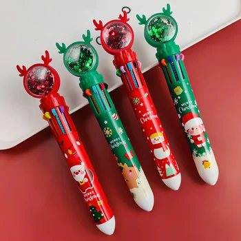 Рождественская шариковая ручка 10 цветов, маркер для студенческого пресса, 10 цветов в одном, шариковая ручка для пресса Санта-Клауса, школьные принадлежности
