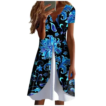 Женские летние пляжные платья с коротким рукавом и принтом трапециевидной формы, поддельное платье из двух частей, вечерние Миди, Повседневные платья-сарафаны Для женщин, длинные