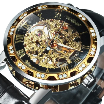 Механические часы WINNER Classic Skeleton, роскошные бриллиантовые светящиеся стрелки, Золотые часы для мужчин, кожаный ремешок, наручные часы унисекс.