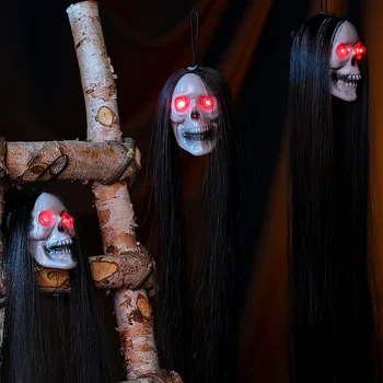 Висящие призраки на Хэллоуин, Череп с длинными волосами, светящиеся глаза, Игрушечная Голова Ужаса, Скелет, реквизит для украшения сада на Вечеринку