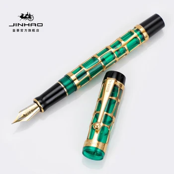 Перьевая ручка Jinhao из 100% зеленой смолы с золотой отделкой, крошечные квадратики, тонкое перо с конвертером, принадлежности для бизнеса, офиса и школы