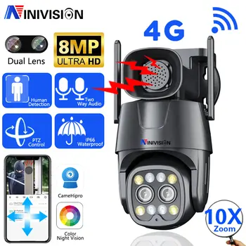 4G Sim-карта IP-камера 8MP 4K HD WIFI PTZ-Камера С Двойным Объективом 2,8 мм-8 мм 10-кратный Зум Открытый 4MP AI Автоматическое Отслеживание Камеры Безопасности P2P