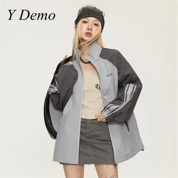 Женская куртка-бомбер на молнии в свободную полоску с воротником-стойкой на плечах, уличная одежда Y Demo