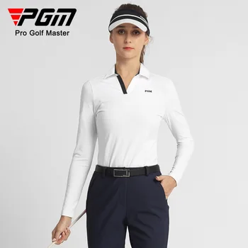 Женская футболка для гольфа PGM С длинным рукавом из Спортивной Высокоэластичной Ткани С Вентилируемым Подолом И V-образным вырезом, Осенне-зимняя Одежда для Гольфа для Женщин YF529