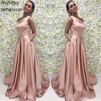 Сексуальное Розовое длинное вечернее платье трапециевидной формы 2023 года, атласное вечернее платье на одно плечо, вечернее платье для выпускного вечера, большие размеры, сшитое на заказ