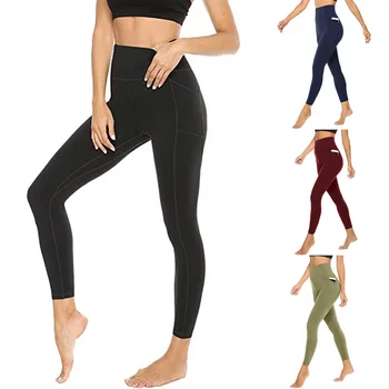 Новые женские леггинсы для фитнеса, штаны для йоги с карманами, бесшовная облегающая спортивная одежда с эффектом пуш-ап, нейлоновые длинные брюки с высокой талией